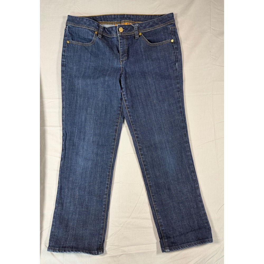Tory Burch Cropped Jeans Size 31 Dark Wash Stretch Denim Gold Logo Designer